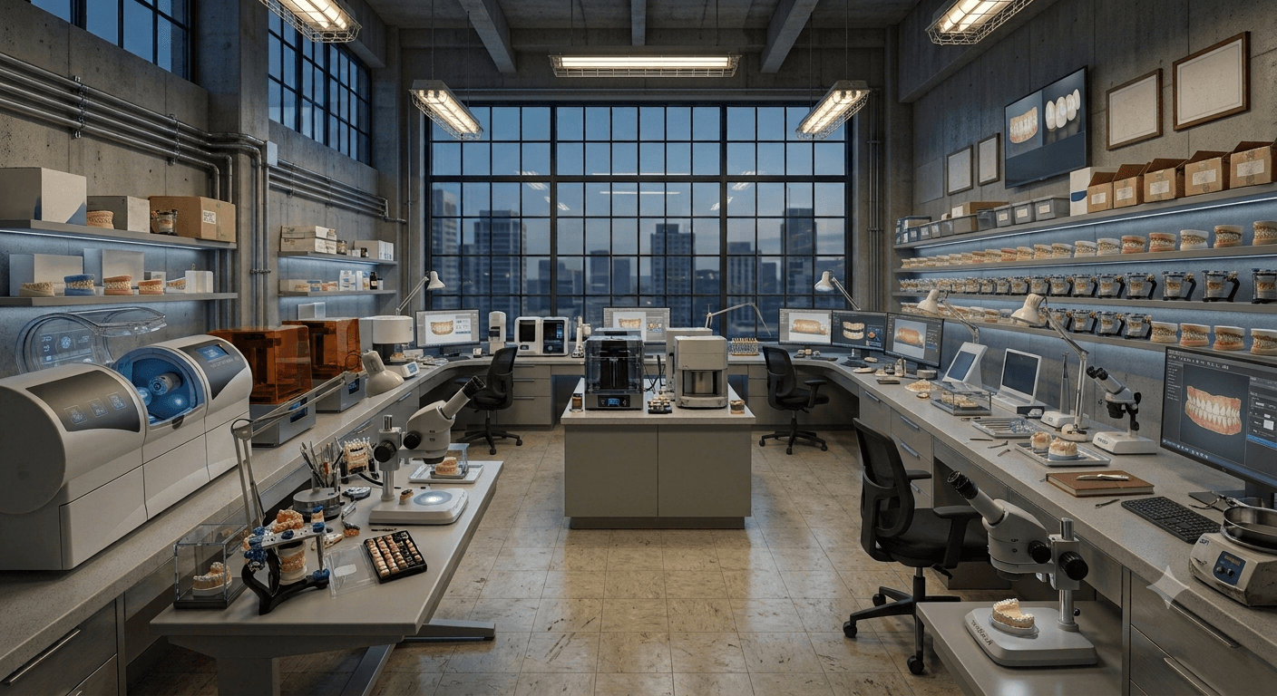Northbound dental laboratory — benches, milling units, and shade-matched restorations